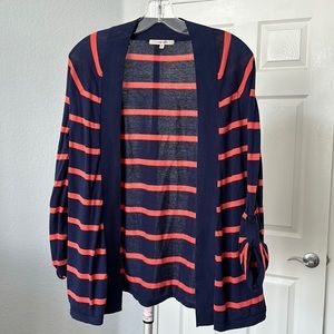 41 Hawthorn blue and salmon, striped cardigan sweater with button up sleeves